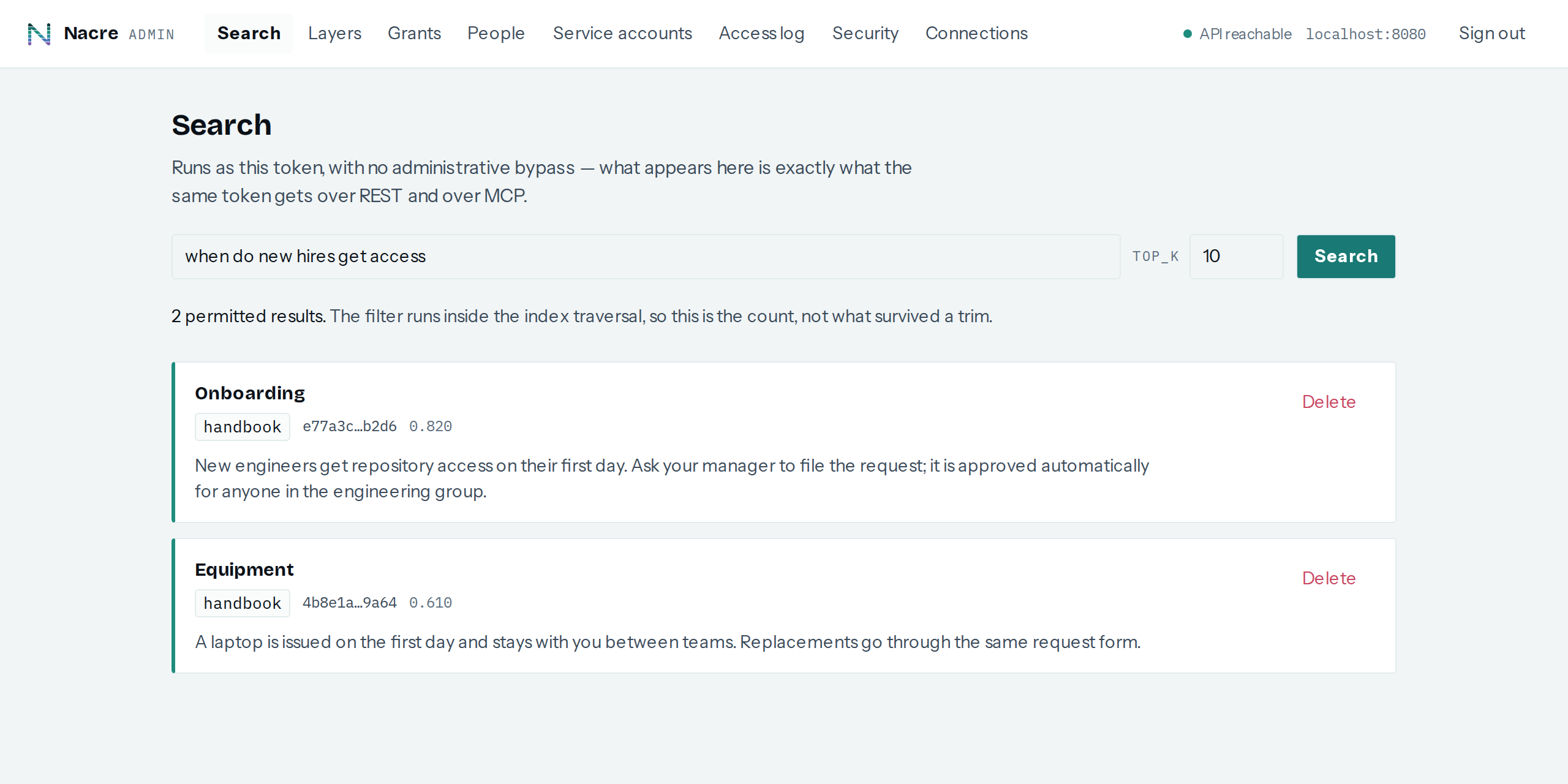 The console's search view with results for a query, each result carrying its layer and score.