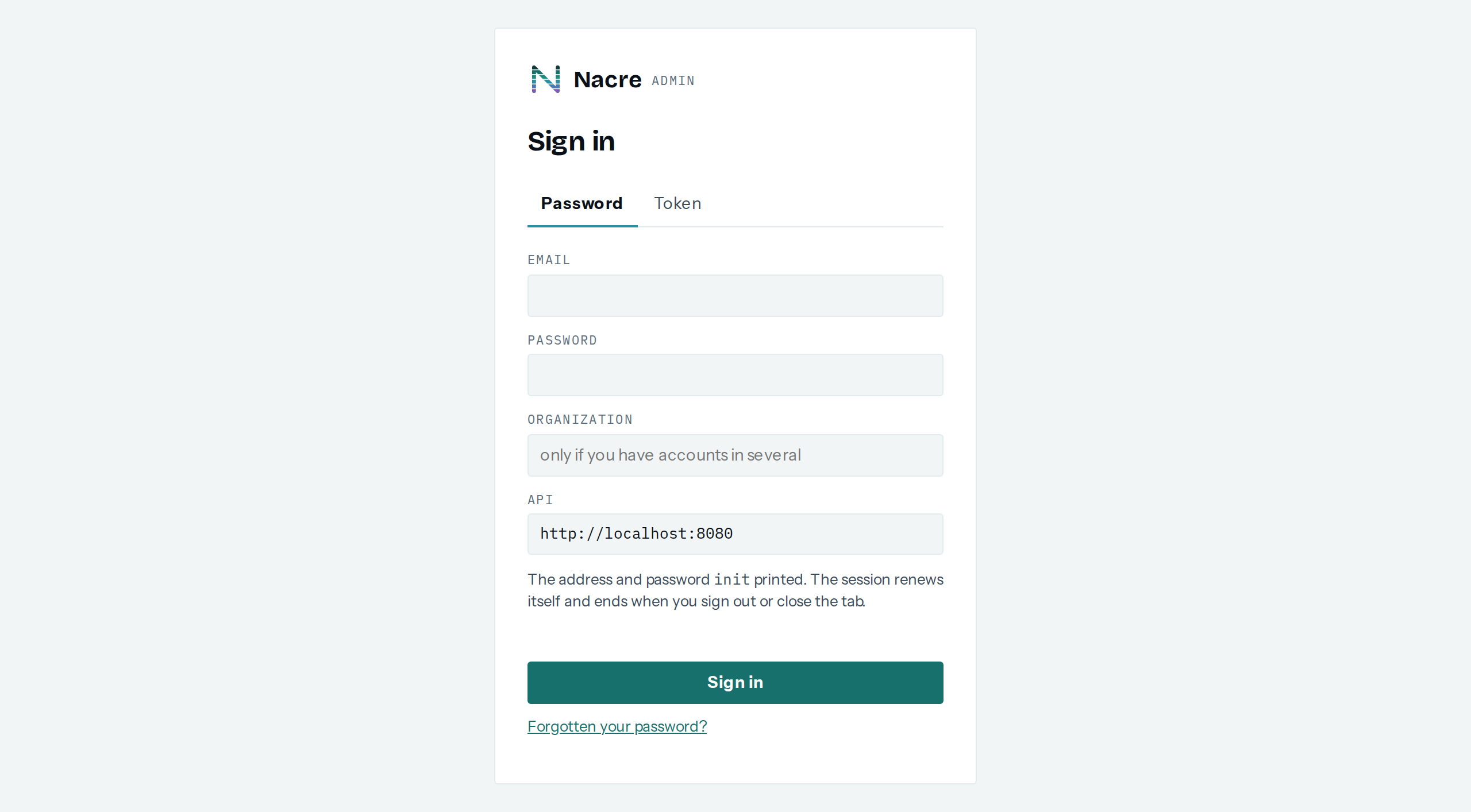 The Nacre console's sign-in screen: organization, email and password fields.